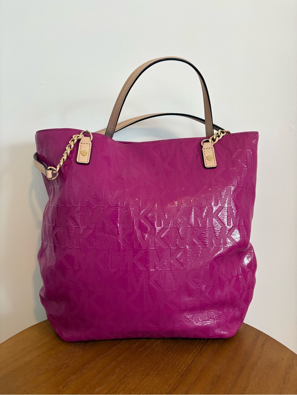 Michael Kors Pink Pebbled Logo Chain-Accent Tote